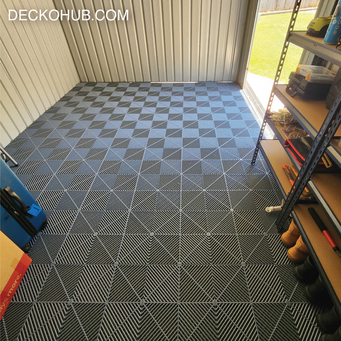 Garage Tile - <b>GREY</b> - Interlocking Polypropylene Flooring | DECKO <b>DURANTE</b> (400x400x18 mm tile)