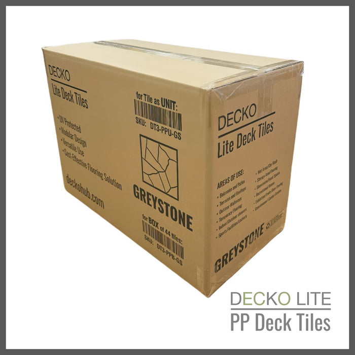Deck Tiles - <b>GREYSTONE</b> - 1 Box of 44 Interlocking PP Flooring, with Recycled Premium Polypropylene | DECKO Lite (4.05 m<sup>2</sup> box)