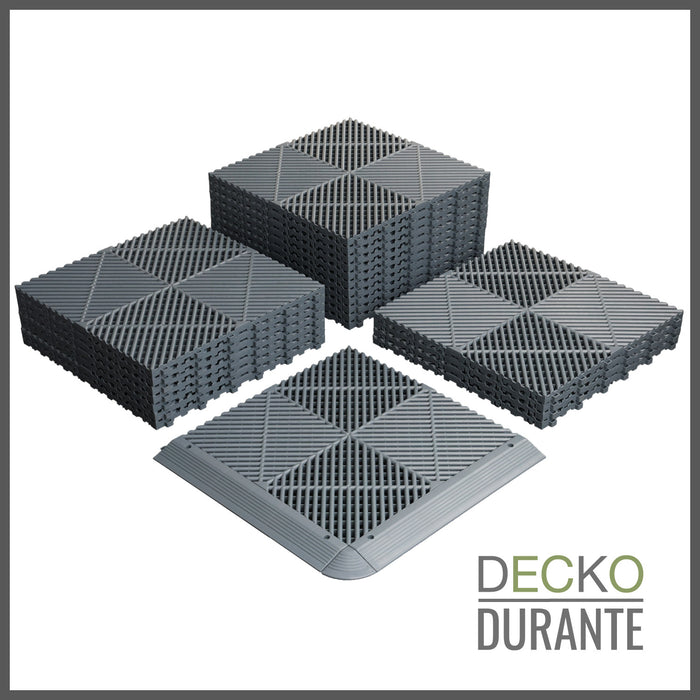 Garage Tile - <b>GREY</b> - Interlocking Polypropylene Flooring | DECKO <b>DURANTE</b> (400x400x18 mm tile)