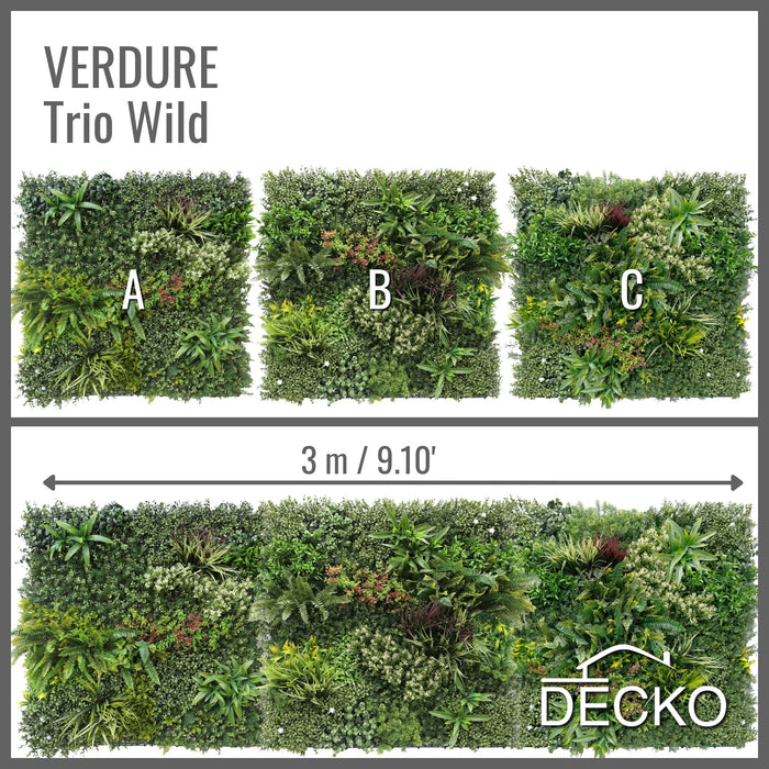 Artificial Plants Green Wall Panel - TRIO WILD - Box of 3 Panels - 1000x1000mm | DECKO VERDURE (3 m² /Box)