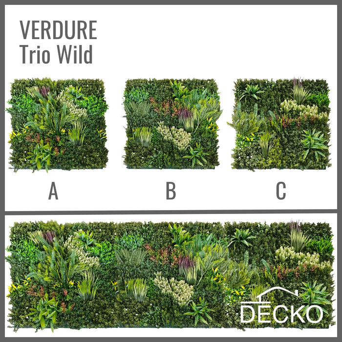 Artificial Plants Green Wall Panel - TRIO WILD - Box of 3 Panels - 1000x1000mm | DECKO VERDURE (3 m² /Box)