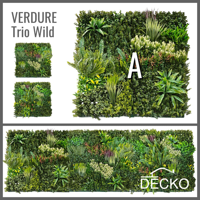 Artificial Plants Green Wall Panel - TRIO WILD - Box of 3 Panels - 1000x1000mm | DECKO VERDURE (3 m² /Box)