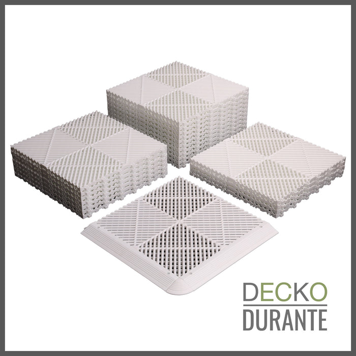 Garage Tile - <b>WHITE</b> - Interlocking Polypropylene Flooring | DECKO <b>DURANTE</b> (400x400x18 mm tile)