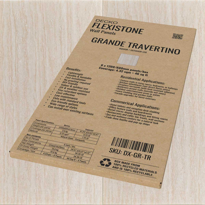 DECKO Flexistone Wall Panels - <b>GRANDE TRAVERTINO</b> - Box of 1200x600mm flexible stone panels
