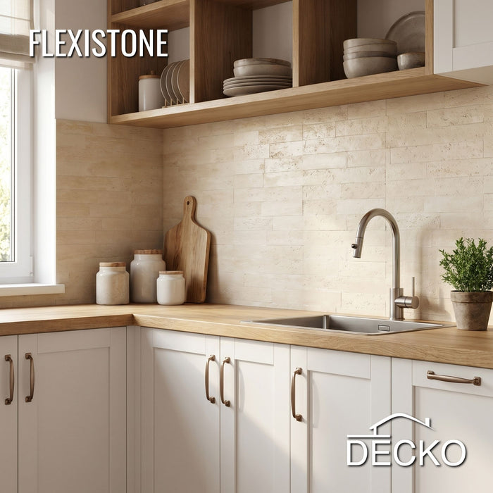 Flexible 3D Stone Wall Panels - BRICO TRAVERTINO - Box of 12 Interlocking Peel-and-Stick Panels 1.08m² coverage | DECKO Flexistone