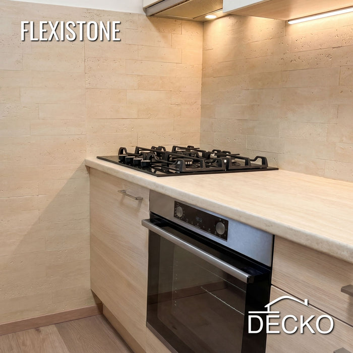 Flexible 3D Stone Wall Panels - BRICO TRAVERTINO - Box of 12 Interlocking Peel-and-Stick Panels 1.08m² coverage | DECKO Flexistone